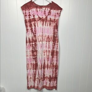 Universal Thread Womens Dress M White Pink Brown Tie Dye Pullover Maxi VNeck EUC